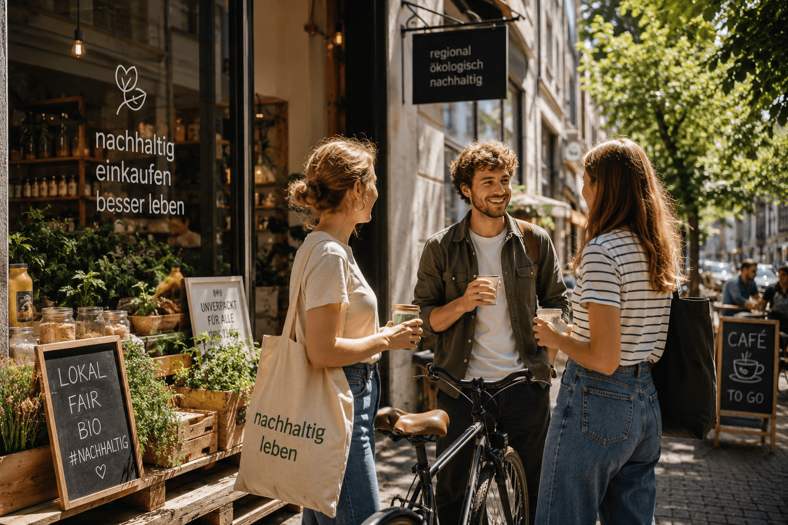 Three people chatting outside a zero-waste store